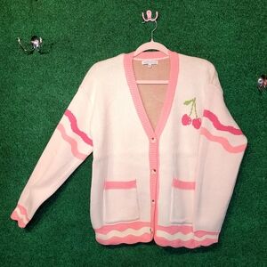 787 Miss Sparkling Cherry Embroidered Pink and Cream Cardigan Sweater